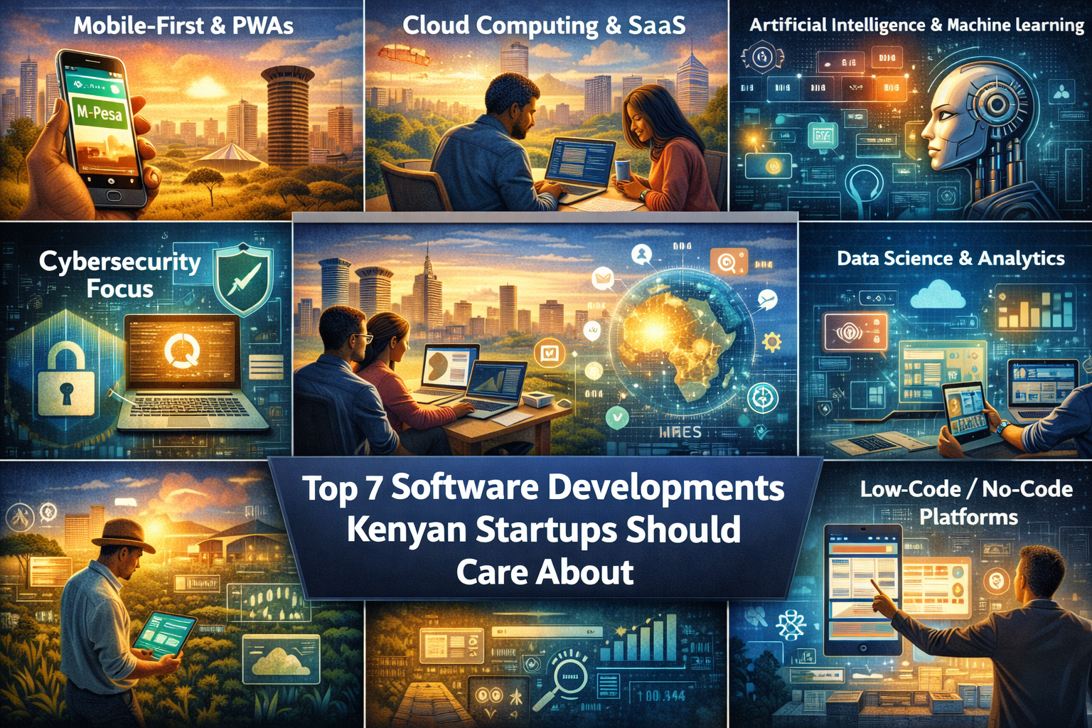 Top 7 software development trends for Kenyan startups: Mobile-First & PWAs, Cloud & SaaS, AI & ML, Cybersecurity, Data Science, IoT, Low-Code.